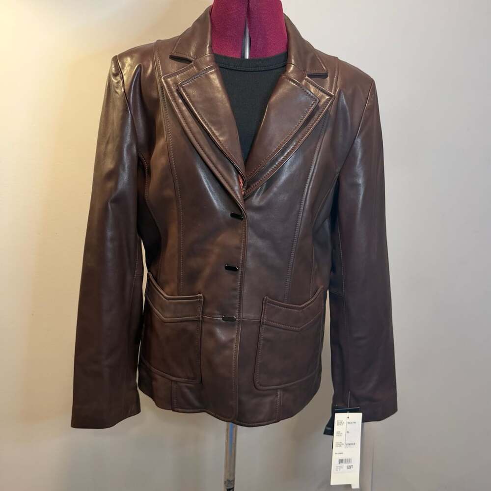 Bernardo Leather Coffee Brown Petite Long Sleeve Button Up Blazer Jacket Size PL